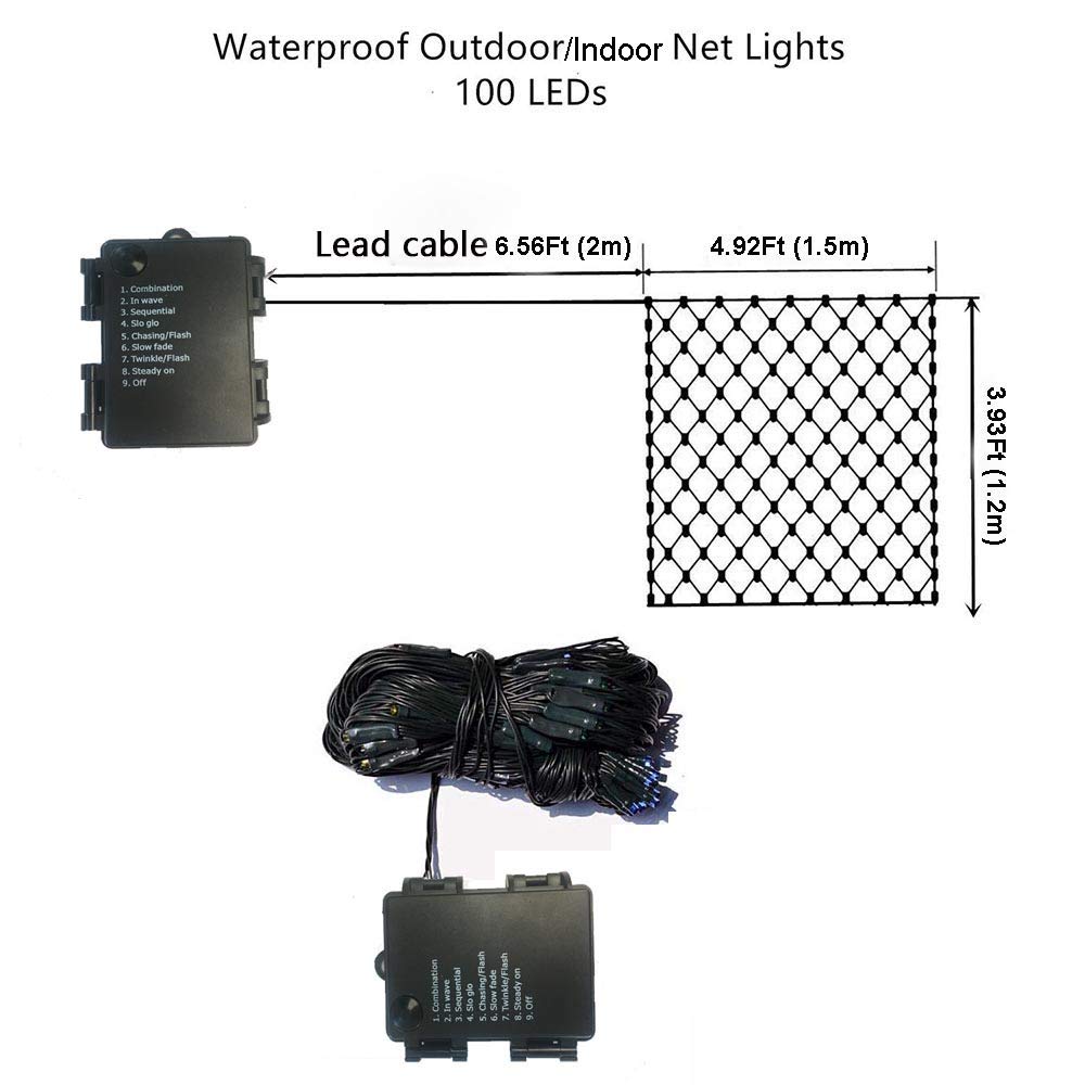 Lot de 2 rideaux lumineux 100 LED à piles 8 modes 1,2 x 1,9 m étanche grand angle LED pour sapin de Noël, patio, portail, cour, fête, mariage et décoration de vacances (LED blanche)