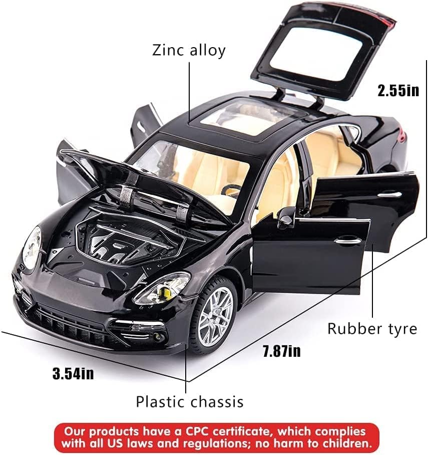 Image of PEZYOX 1:24 Porsche Panamera Diecast Metal Pullback Openable Doors Toy Cars with Flashing Light and Musical Sound for Gifts Toys for Kid (Black)