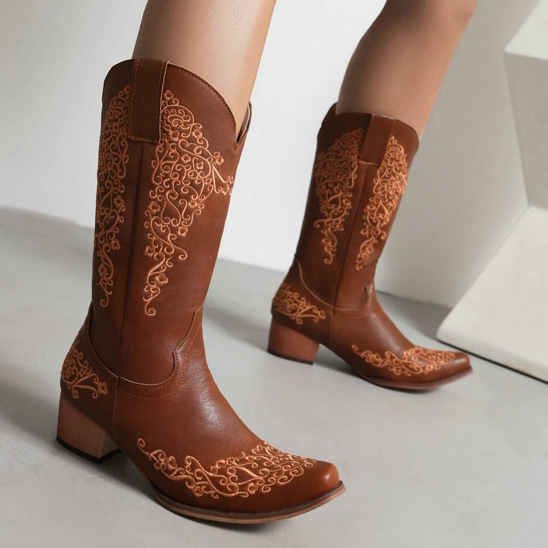 KiutSymo Women Vintage Embroidered Mid Calf Cowgirl Boots Retro Snip Toe Chunky Heel Western Cowboy Boots