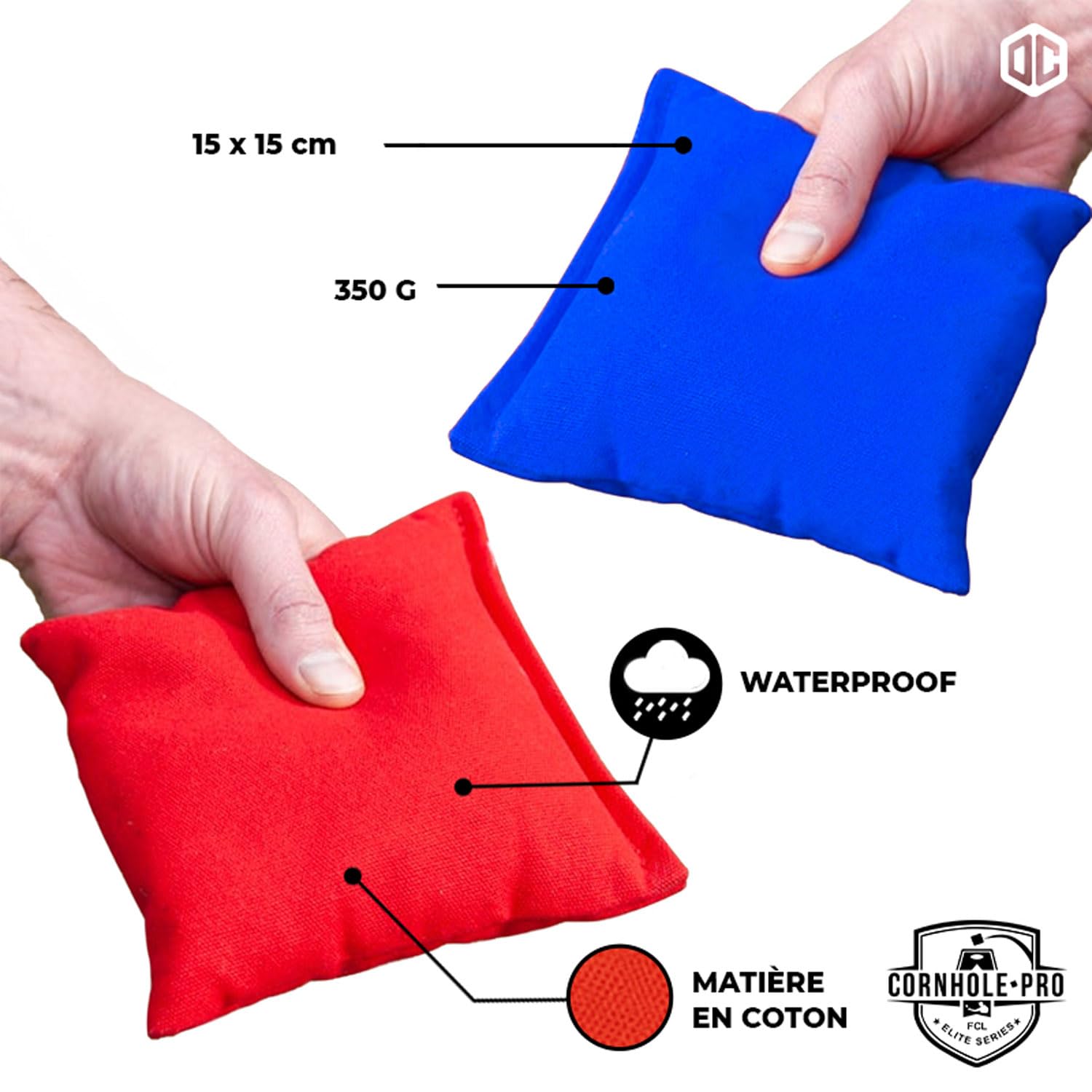 Sacs Officiels de Cornhole | 4 Sacs Bleus et 4 Sacs Rouges | Dimensions Officielles | Qualité Premium | 100% Coton | Waterproof | Jeu Américain | Jeu d'Extérieur | Amis & Famille | OriginalCup®