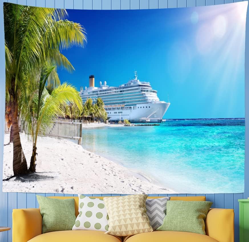 Loccor Tapiz de crucero con diseño de palmera del mar caribeño, coral, playa, tapiz para colgar en la pared, isla tropical, sol, verano, vacaciones,