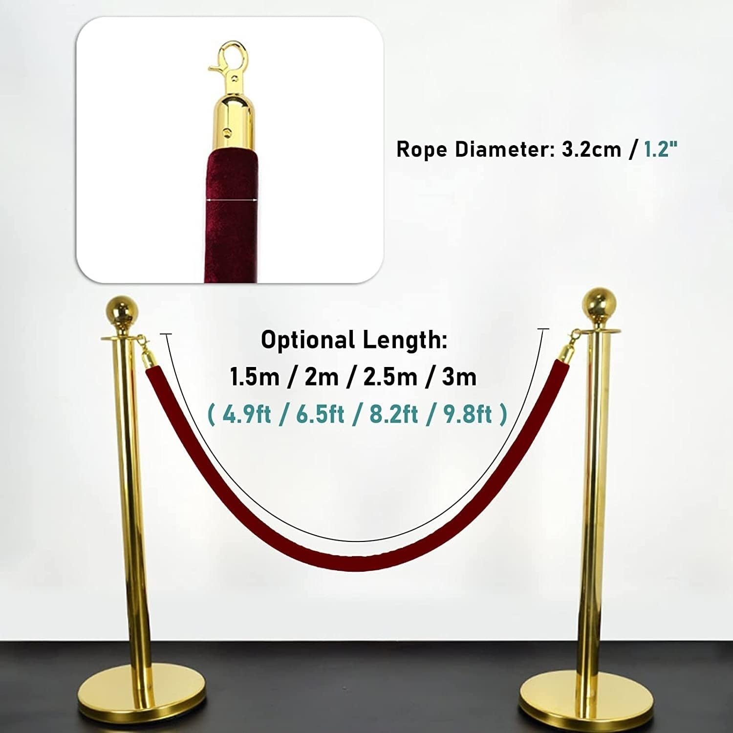 Barrera Cuerda 2 Paquetes Cuerda de Barrera Extral Long Stanchion Queue for Tienda minorista de mostrador(Wine Red,150cm/59 in)