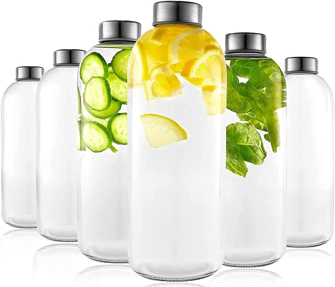 VOIDROP-PACK OF 6,1L glass bottle with leak-proof and screw cap, used for water bottle, kefir, beer, soda, juice, transparent 1L 6pcs