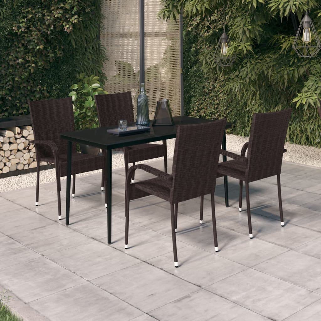 Juego de comedor de jardín de 5 piezas, color marrón y negro, con mesa de cristal y sillas de ratán sintético, marco de acero pulverizado, resistente al agua, hasta 110 kg por asiento, para