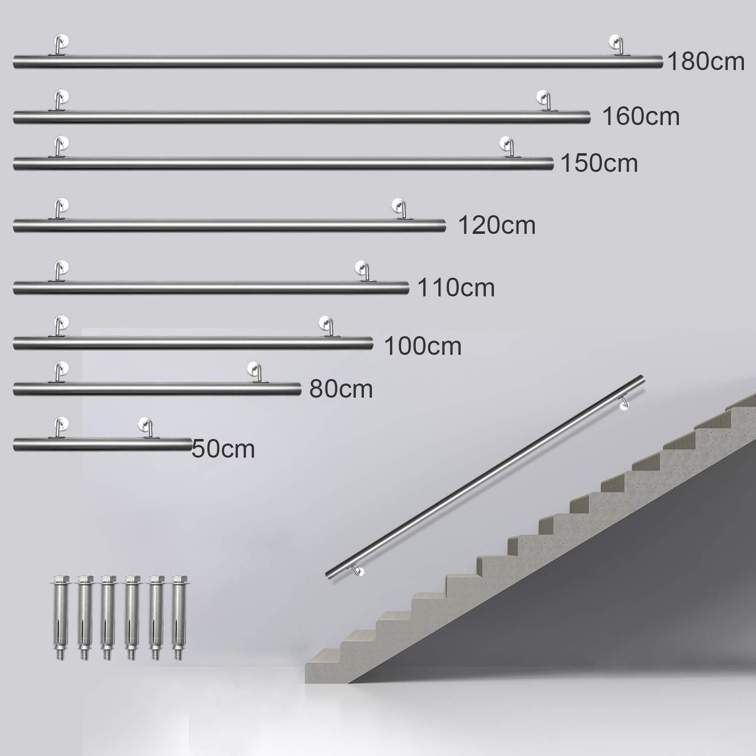 Pasamanos de acero inoxidable para escaleras, pasamanos de pared, escaleras, barra para interior y exterior, incluye soporte de pared y tapas de extremos, diámetro de 42 mm, longitud: 100 cm