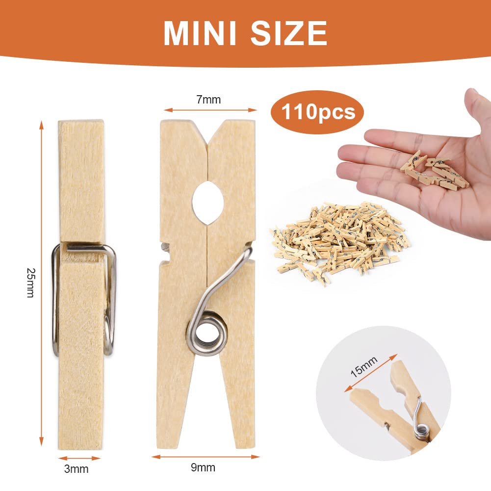Vicloon Mini Wooden Peg, 110pcs Mini Pegs for Arts and Crafts Tiny Clips for Photo Wall Home School Wedding Decoration, 2.5cm - Image 2