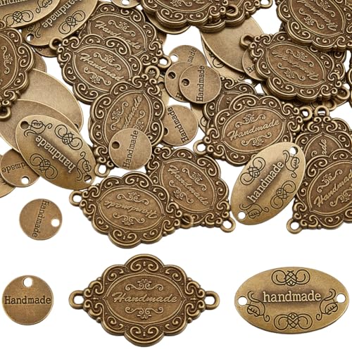CALFOVERA 60 Unidad, 3 Estilos, Etiquetas Metálicas Hechas A Mano, Colgante de Aleación Antigua, Bronce, Redondo, Ovalado, Rombo, Letreros Hechos A Mano, Cuentas, Dijes para Manualidades