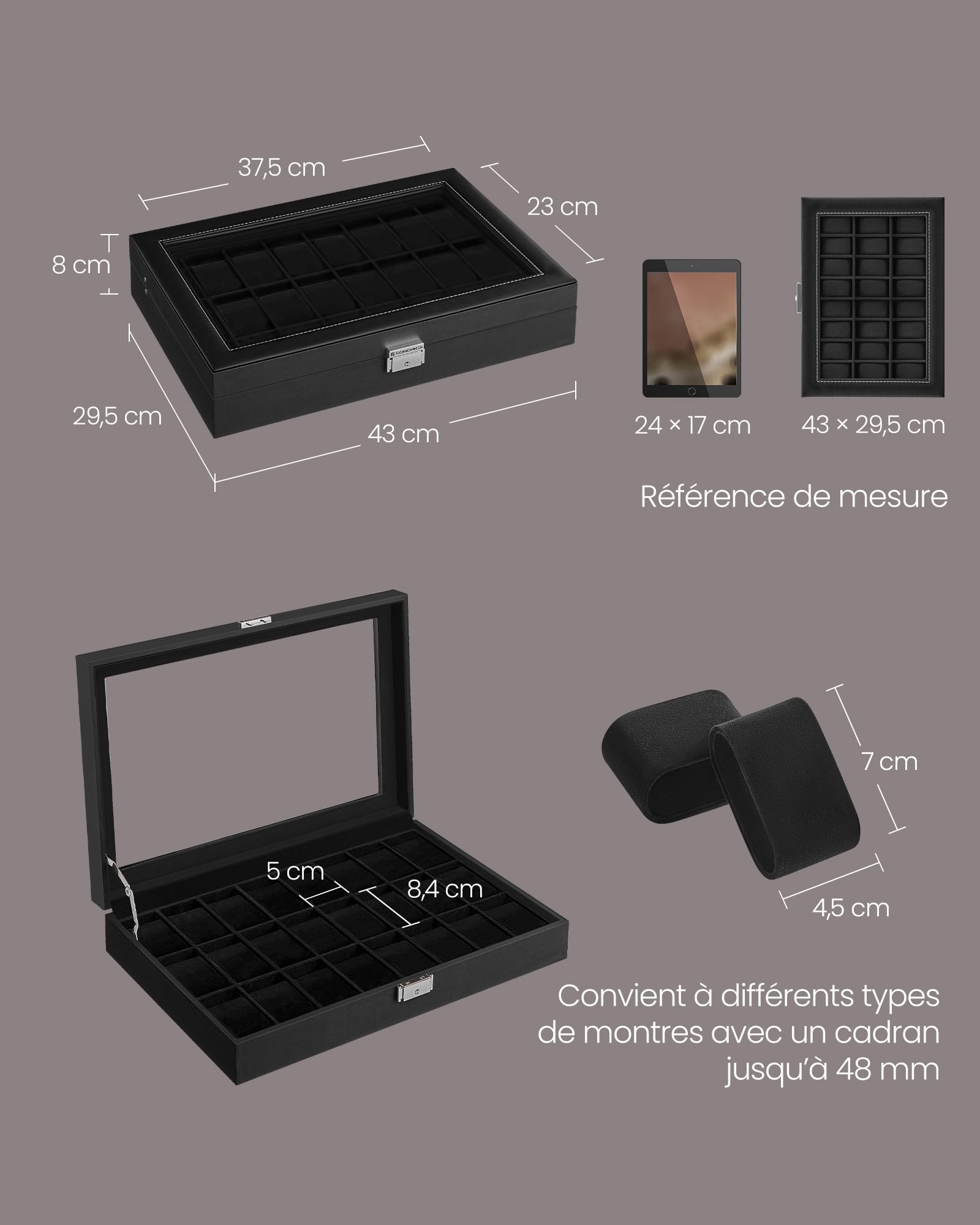 SONGMICS Boîte de rangement verrouillable pour montres avec 24 emplacements, couvercle en verre, cadeau pour vos proches, cuir synthétique noir, doublure noire d'encre JWB024B02