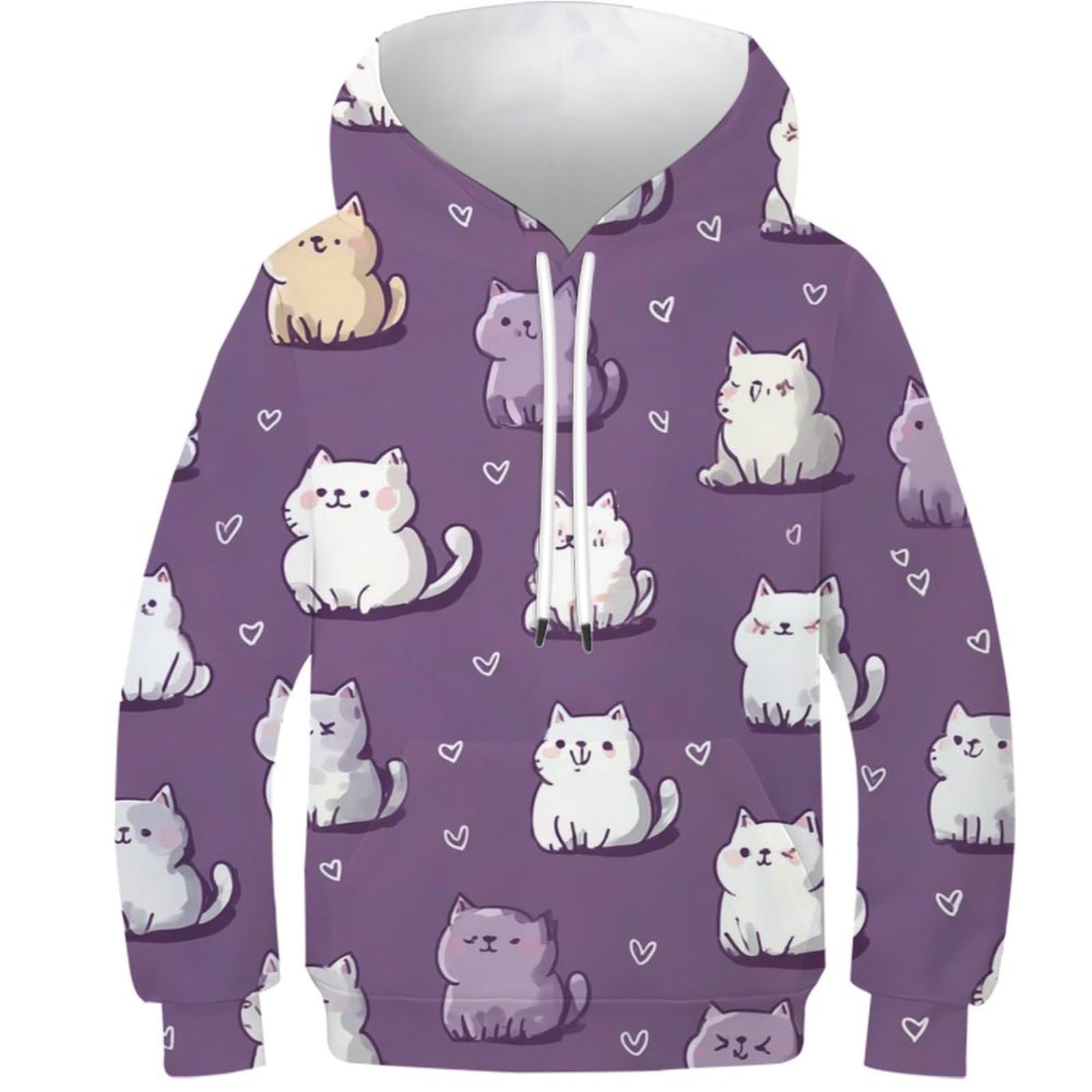 OPCALIS Unisex Boys Girls Hoodie Cat Sweatshirt with Pockets Cute Pet 3D Printed Casual Athletic Long Sleeve Pullover 9-11Y