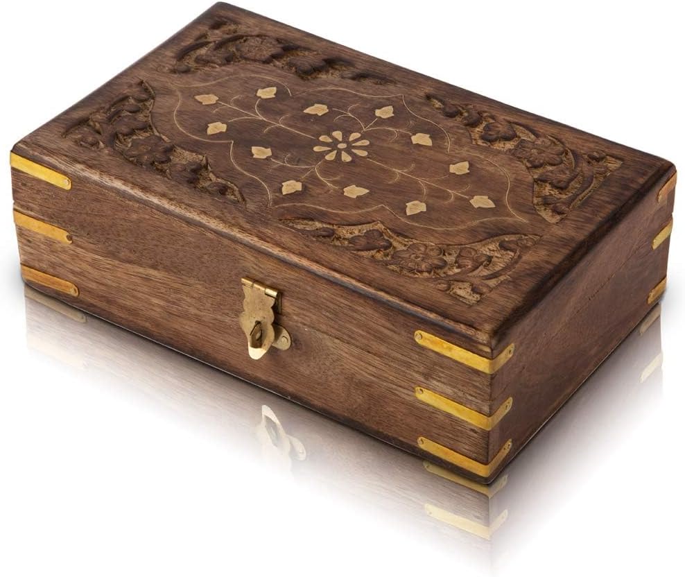 The Great Indian Bazaar Birthday Gift Ideas Handmade Decorative Wooden Jewelry Box With Free Lock & Key Jewelry Organizer Keepsake Box Treasure Chest Trinket Holder Lock Box Watch Box 8 x 5 Inch