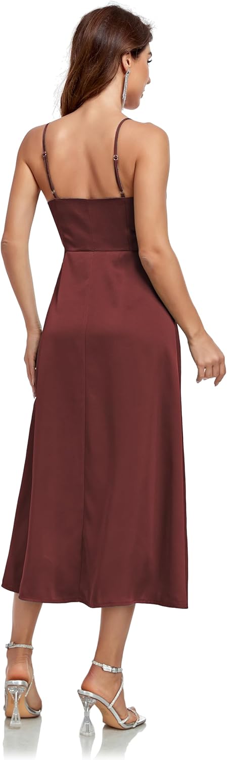 Women's Spaghetti Strap Midi Satin Silk Dress V Neck Cocktail Casual Party Sexy Summer Dresses - Image 3