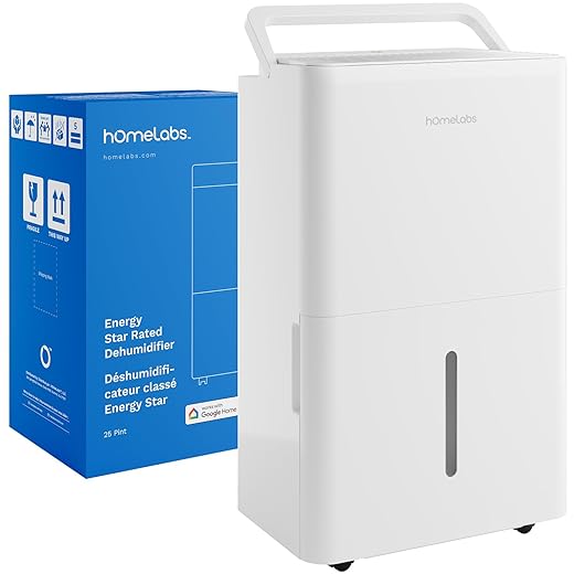 hOmeLabs Dehumidifier for Home, Office, Basements with Powerful Moisture Removal, Humidity Control, Auto Shut-off, Quiet Operation - 3,500 Sq Ft Wi-Fi (25 Pint MAX 64 Pint at 95°F, 90% RH)