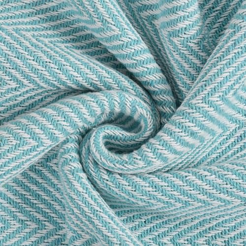 Image of Sky Blue Chevron Cotton Throw Blanket for Sofa & Bed | Soft Lightweight Textured Couch Throw with Tassels | Decorative Zig Zag Pattern (125x150 cm)