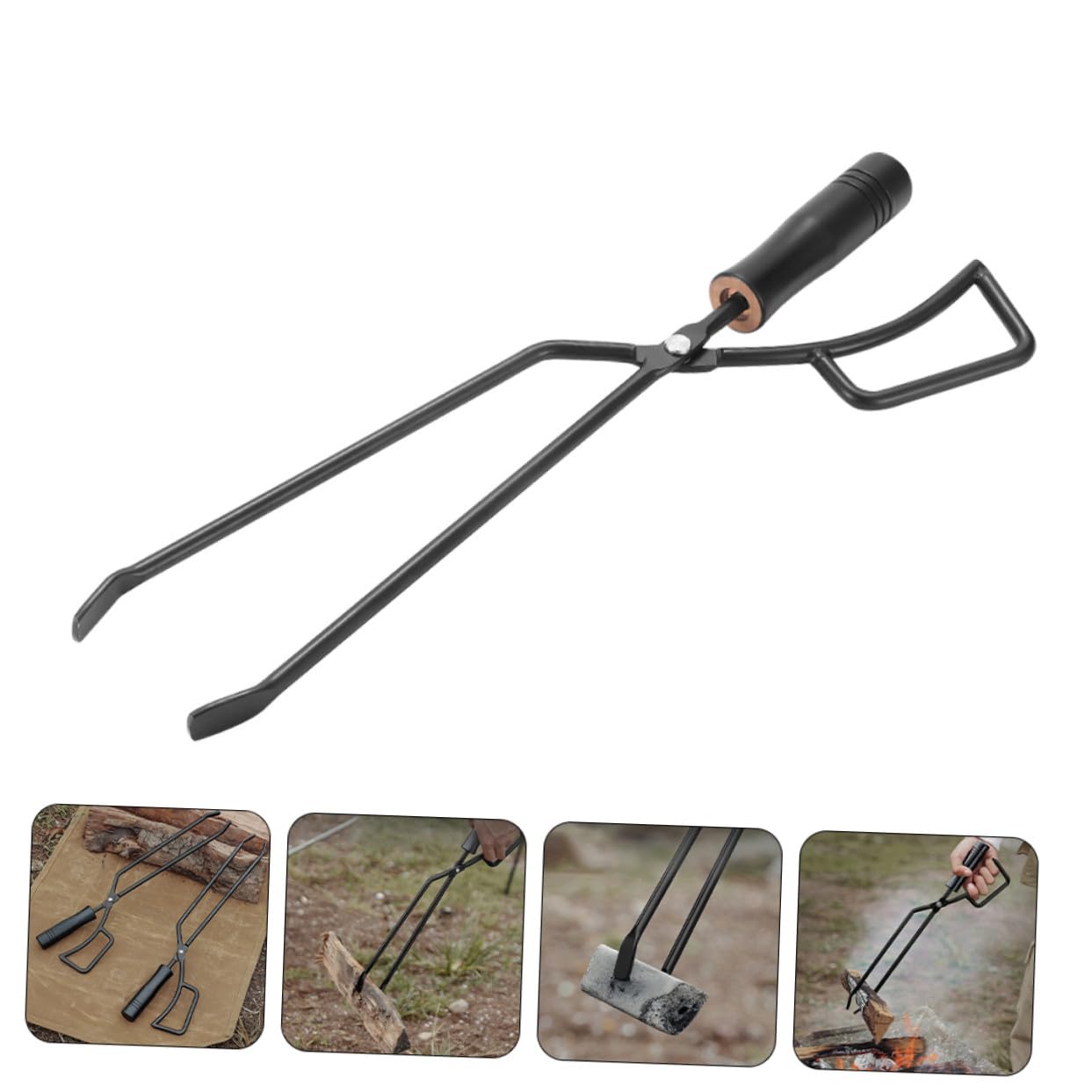Pinzas largas de carbón para barbacoa, mango de madera resistente al calor, ideal para asar al aire libre y camping, construcción de hierro resistente para un manejo seguro y fácil