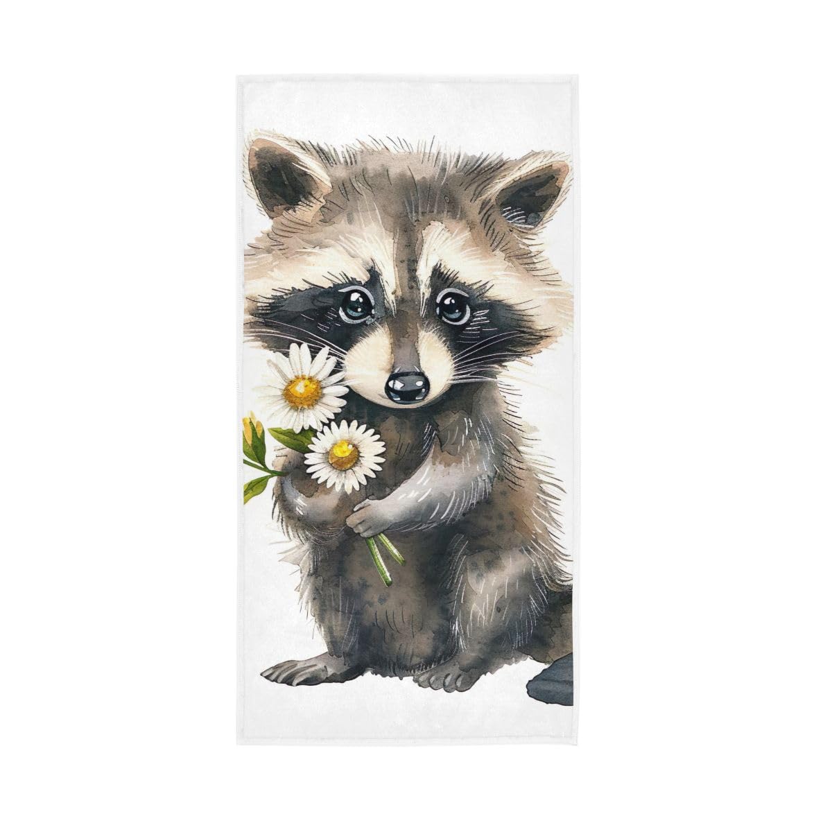 LSRCPD Cute Raccoon Holding Daisy Hand Towel Cotton Absorbent Soft Decorative Towel for Bathroom 15 x 30 Inch