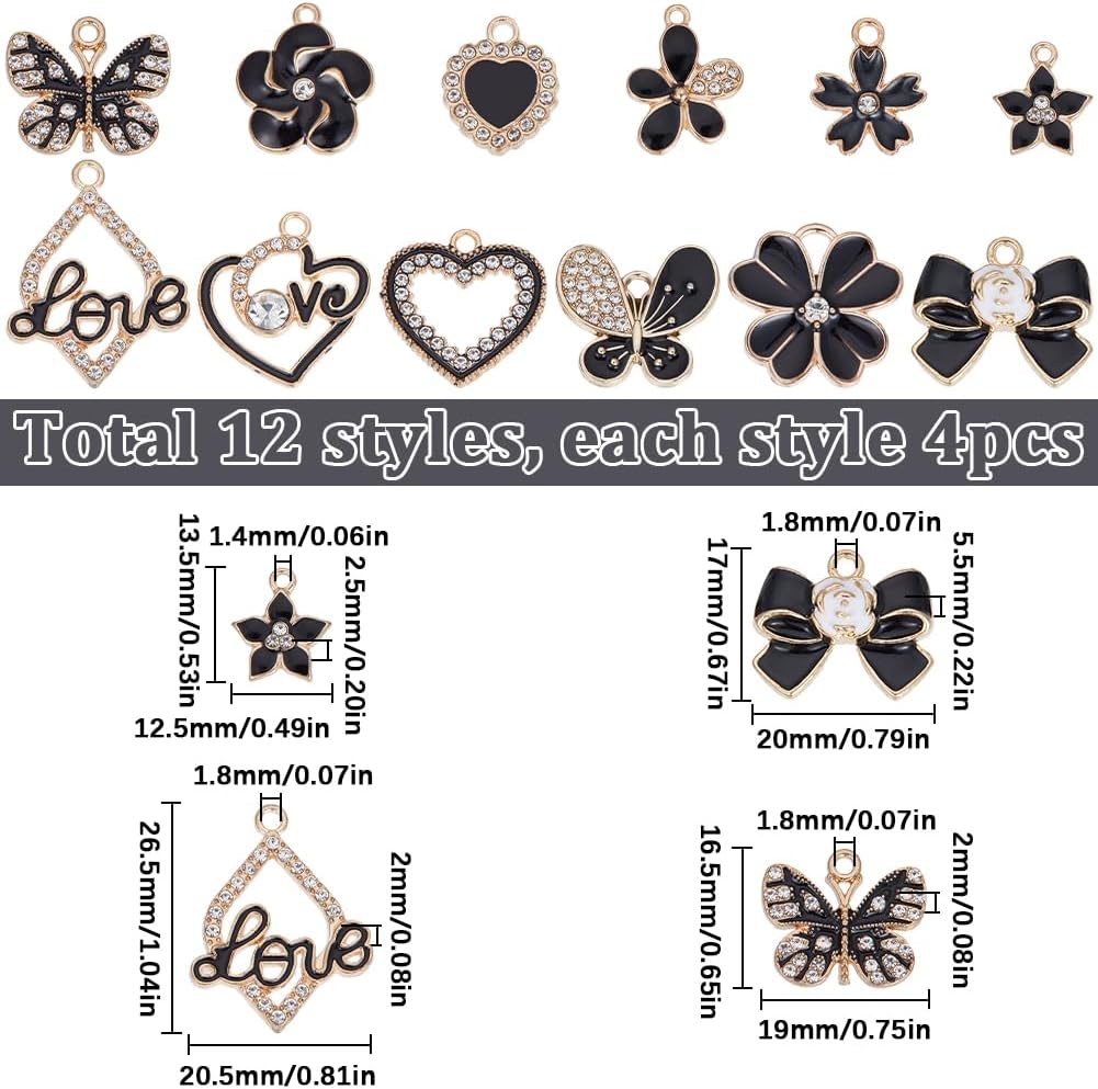 SUNNYCLUE 1 Box 48Pcs 12 Styles Black Enamel Charms Bowknot Charms Rhinestone Metal Alloy Heart Butterfly Love Charm for Jewelry Making Charms DIY Keychain Bracelet Earrings Necklace Valentine's Day - Image 2