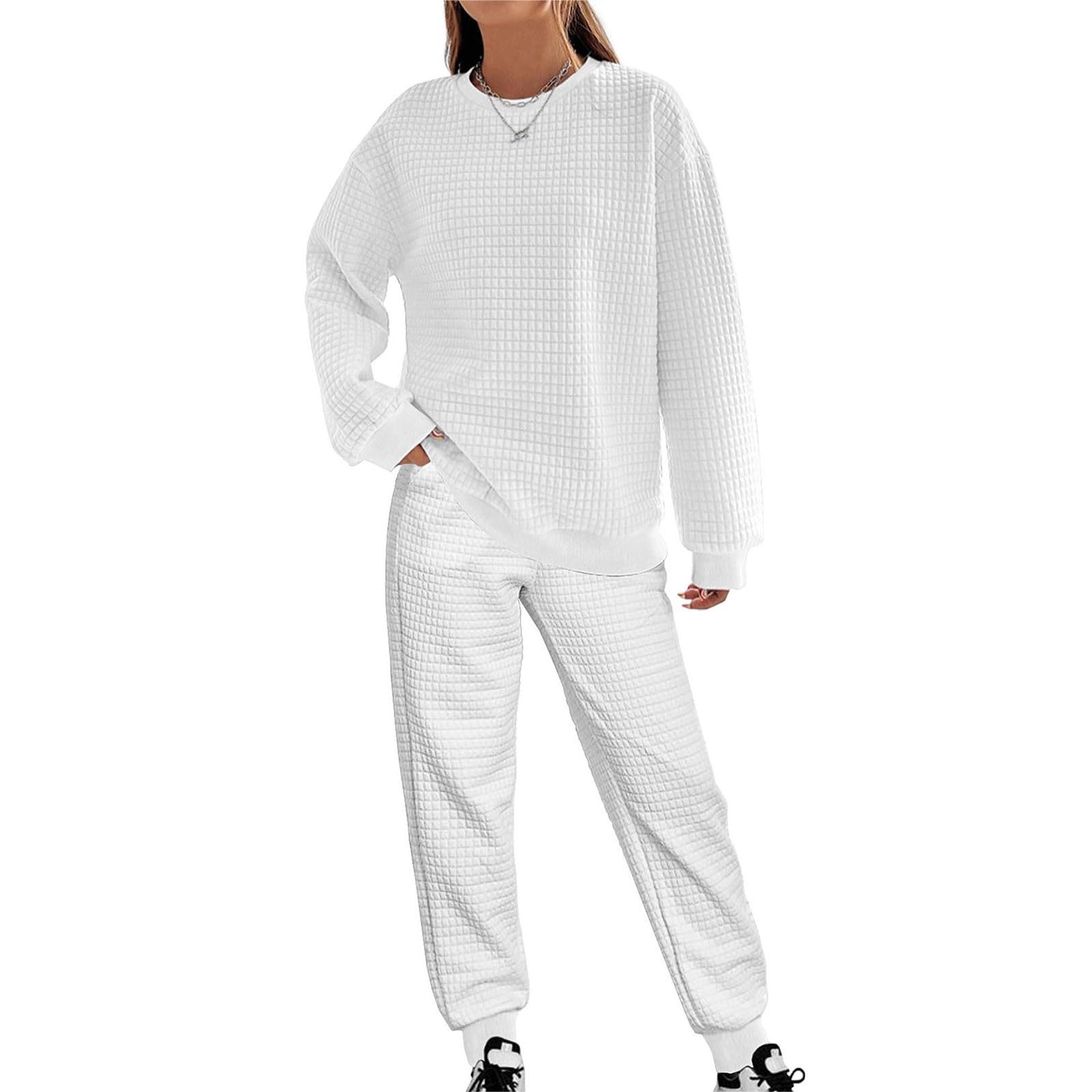 Ensemble de pyjama 2 pièces à carreaux pour femme | Haut à manches longues et col rond et pantalon de pyjama douillet uni élastique