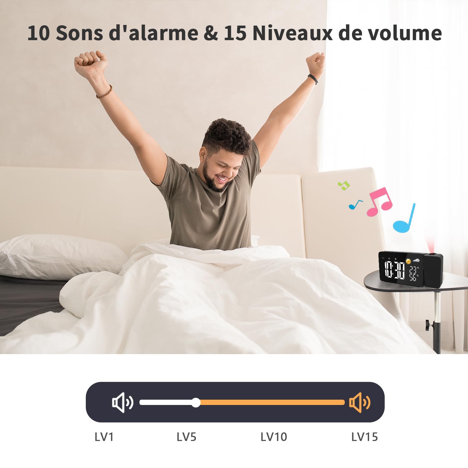 Uzoli EM3211A Réveil-projecteur Plafond LED avec Prévisions Météo 8h, Température et Humidité, 2 Alarmes, Snooze, Projection Rotative 180°, 10 Sonneries