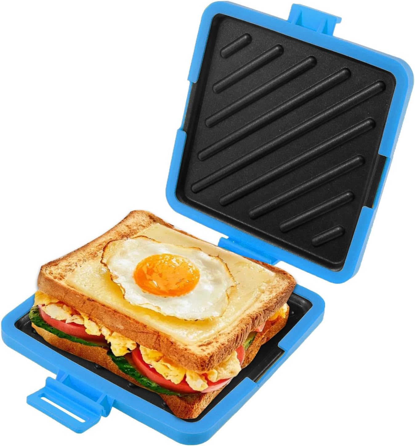 Microwave Toastie Sandwich Maker, Micro Munchy Maker, Microwavable Toastie Maker with Adjustable Silicone Straps, No Electricity, Wireless (Blue)