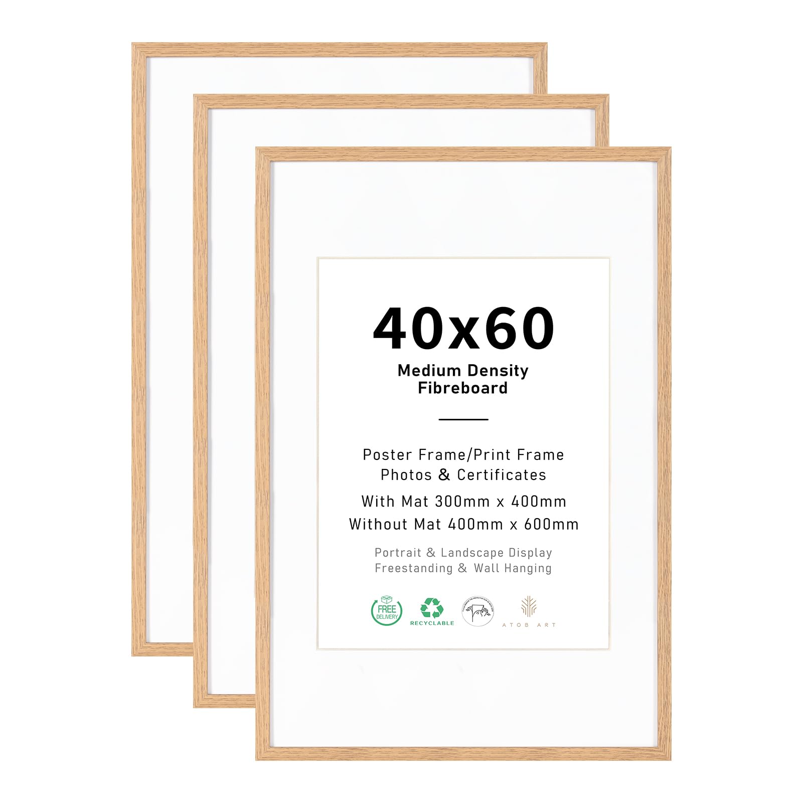 40x60 Picture Frame Set of 3, Display 30x40 with Mat or 40x60 without mat Images, Natural Wood Photo Frames for Wall Mounting Display โ image 1