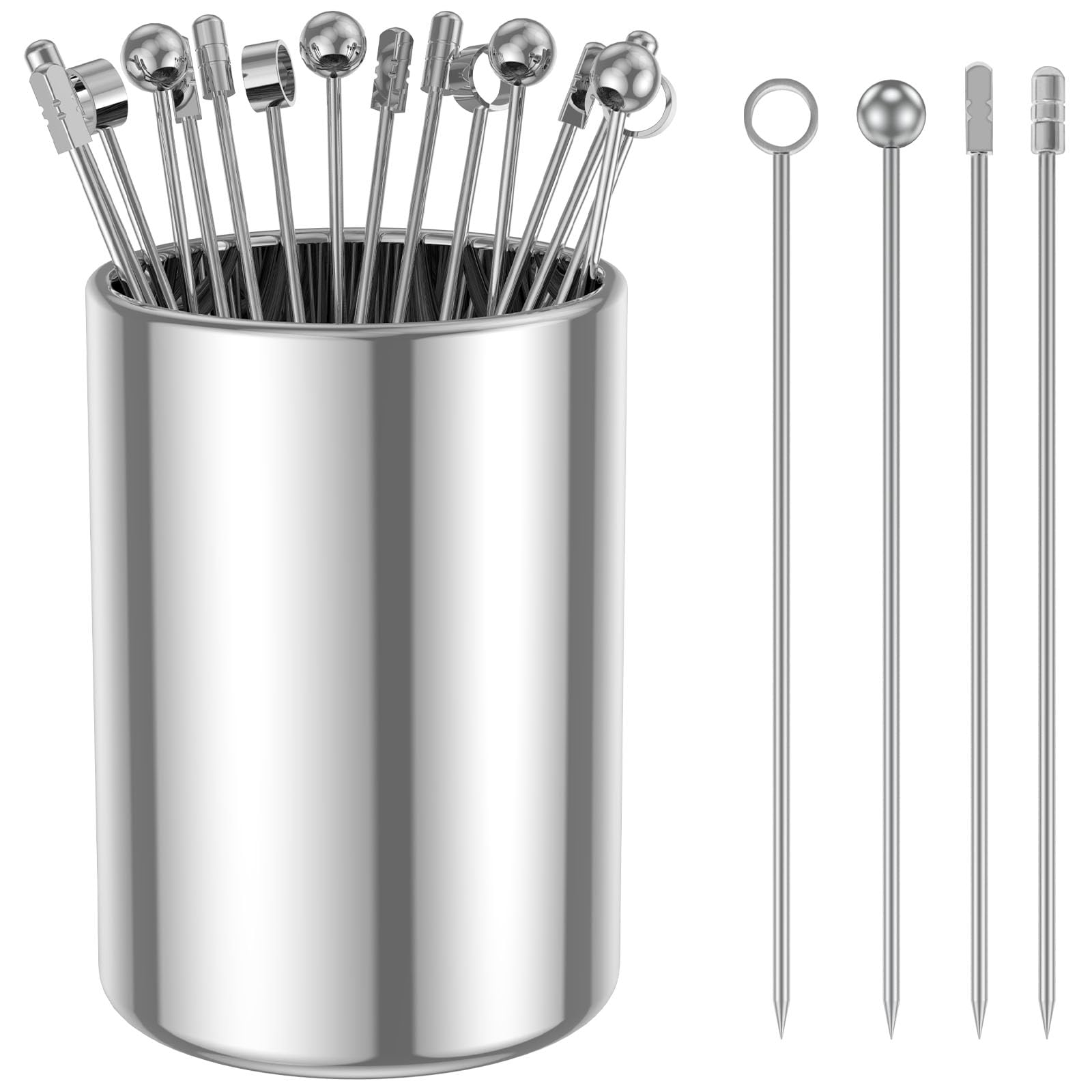 Guijzsltrg Silver 20 Pcsmetal Cocktail Picks Holder Set 4.3 Inch Stainless Steel Cocktail Toothpicks Reusable Mini Food Sticks Multipurpose Appetizer Skewers Set For Sandwiches Cocktails Olives Appetizers Fruits
