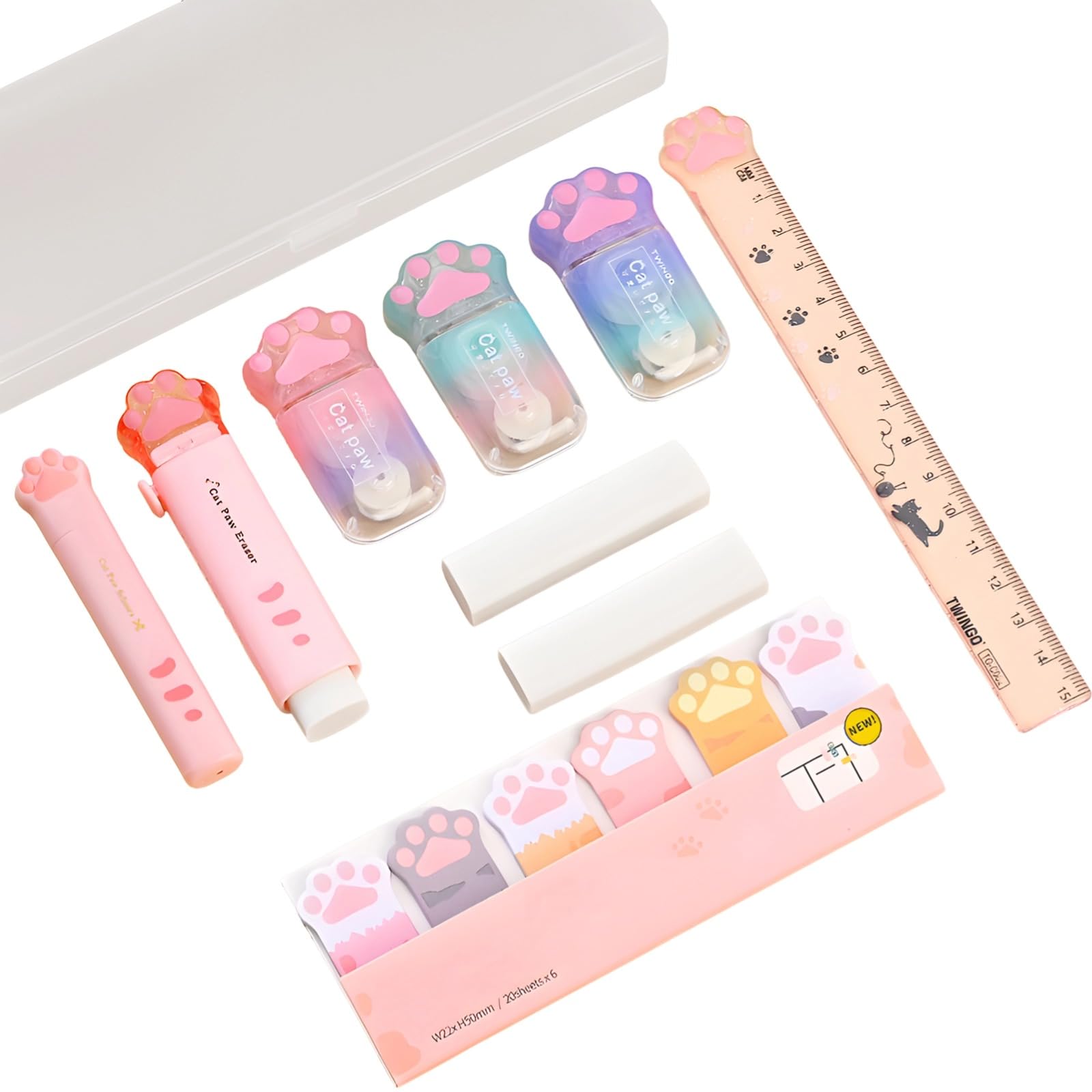 YOFAPA Cat Paw Stationery Set 10 Pieces, Kawaii School Office Supplies Kit, Cute Paw Print Design Highlighters, Ruler, Box Cutter, Writing Accessories for Students, Pink White Theme