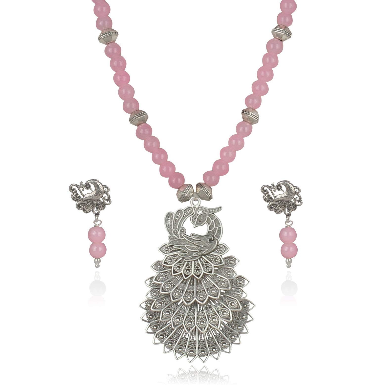 JFLJewellery for Less Contemporary Handcrafted Peacock German Silver Oxidized Beaded Necklace Set with Earrings for Women & Girls