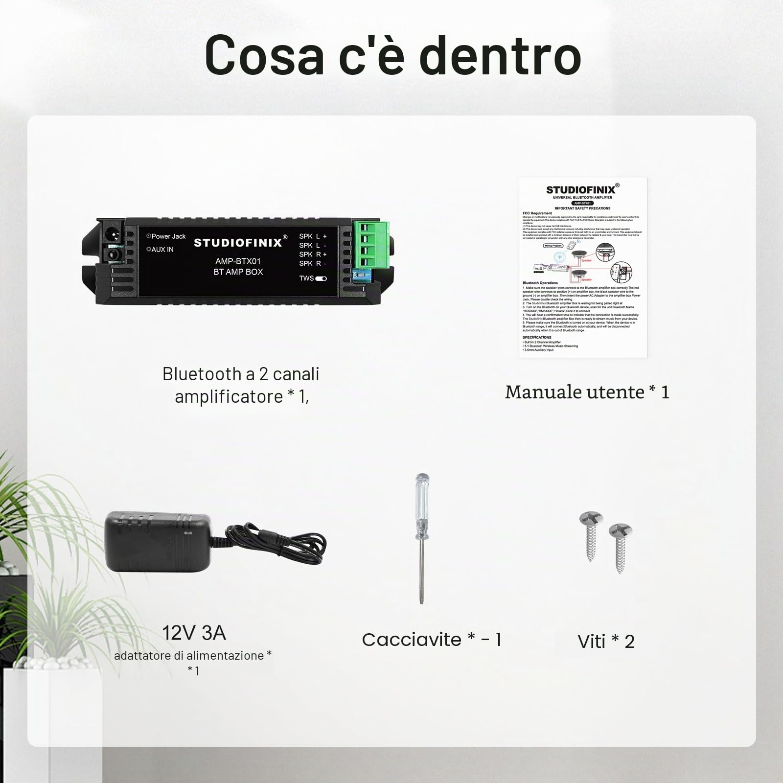 STUODIOFINIX 2 canali Mini Amplificatore 5.1 Bluetooth per altoparlanti passivi con TWS, AUX, parte di ricambio, adatto per altoparlanti a parete/soffitto/marino/libreria