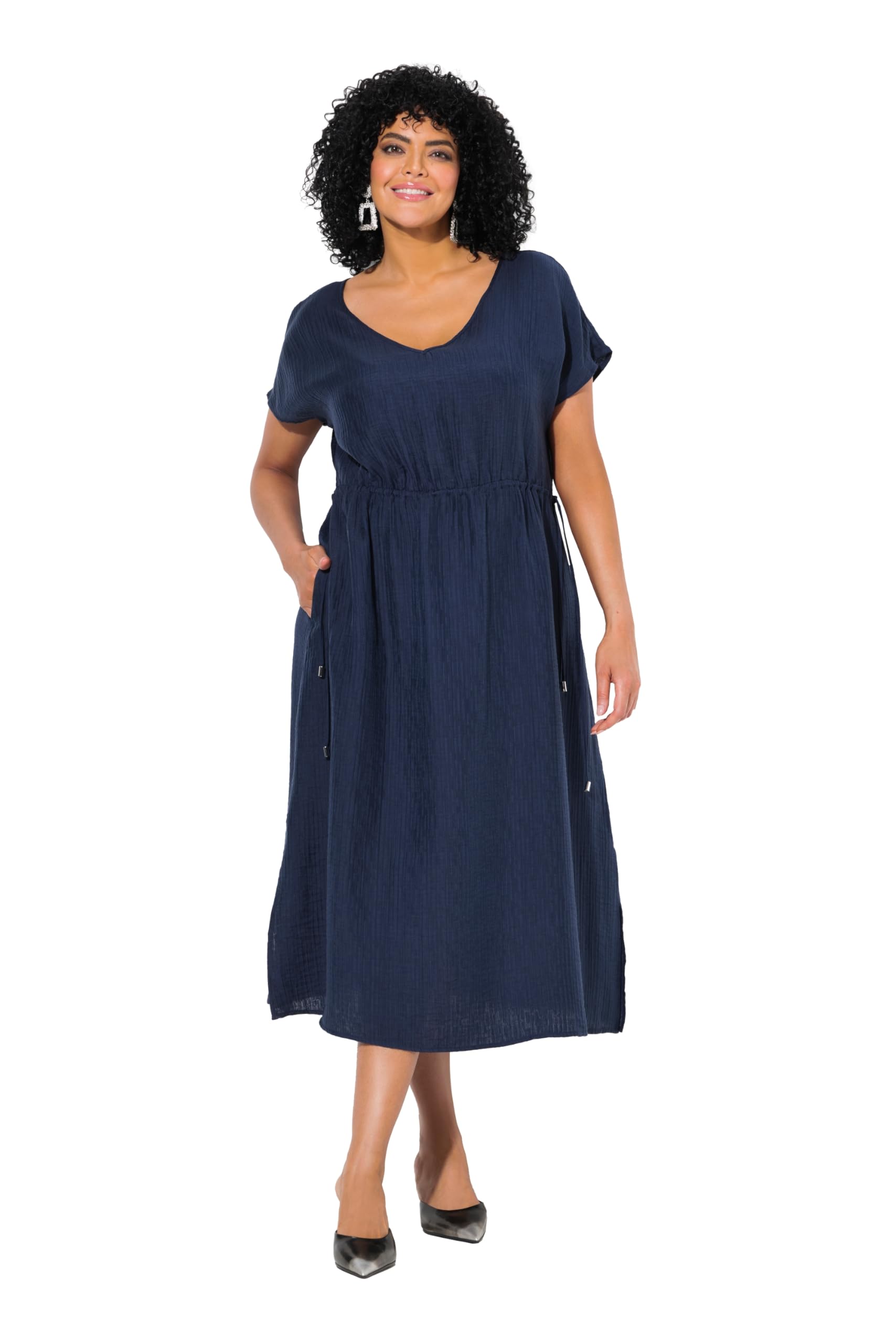Ulla Popken Damen große Größen Übergrößen Plus Size Maxikleid, Tunnelzug, V-Ausschnitt, ärmellos 838835