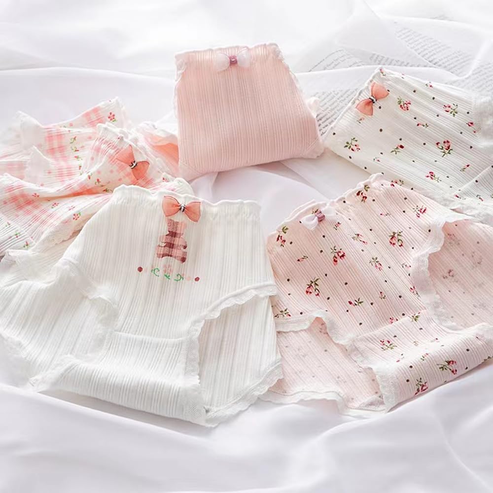 5 Pack Women Teens Pink Cotton Brief Japanese Kawaii Anime Lolita Panties Underwear Bikini Panty Set