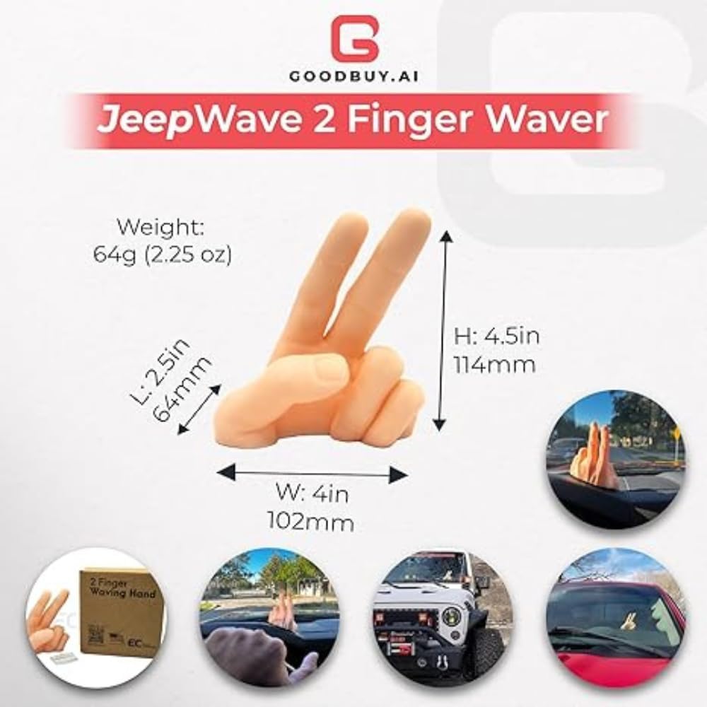 2-Finger Waving Hand Salute Lazy Waver - 3D Printed Dashboard Wave Hand with Reusable Adhesive Mount - Compatible with Jeep Gladiator, Cherokee, and More - Made in USA