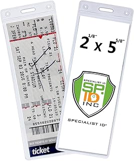 2 Pack - Clear Plastic 2 ⅛ X 5 ⅝ Inch Ticket Stub Holders - TICKETMASTER Compatible - Durable Small & Flexible Credential Badge Display Sleeves by Specialist ID