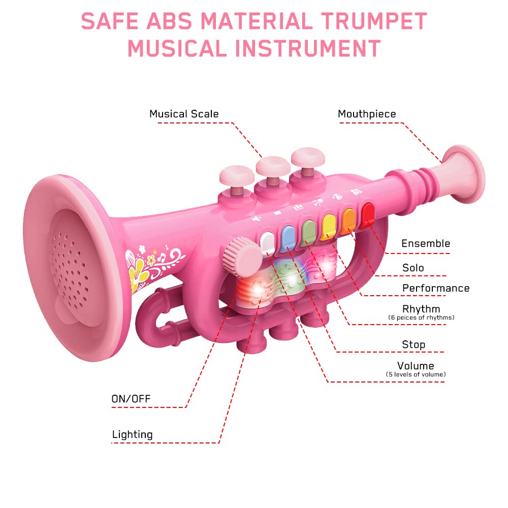 Trompete Spielzeug, Trompetenhorn mit Musik Tragbares Kindertrompete Spielzeug Kunststoff-Trompete Spielzeug mit beleuchtetem Musikinstrument, Trompetenspielzeug Geschenk an Jungen Mädchen