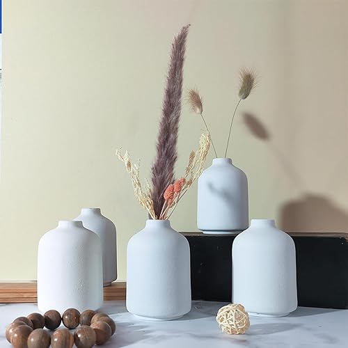 Juego de 6 jarrones pequeños de cerámica blanca para decoración, jarrones bohemios para flores secas, jarrones de cerámica blanca de 4.1 pulgadas de