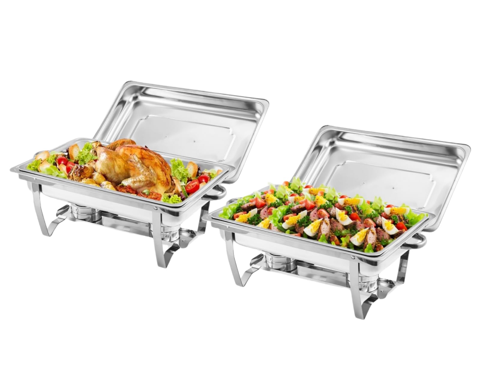 Chafing Dish Buffet Set 2 Pack, 8 Qt Stainless Steel Chafer Buffet Servers and Warmers Sets with Lid Folding Frame, Rectangular Chafing Dishes for Parties, Weddings, Catering Events, Silver