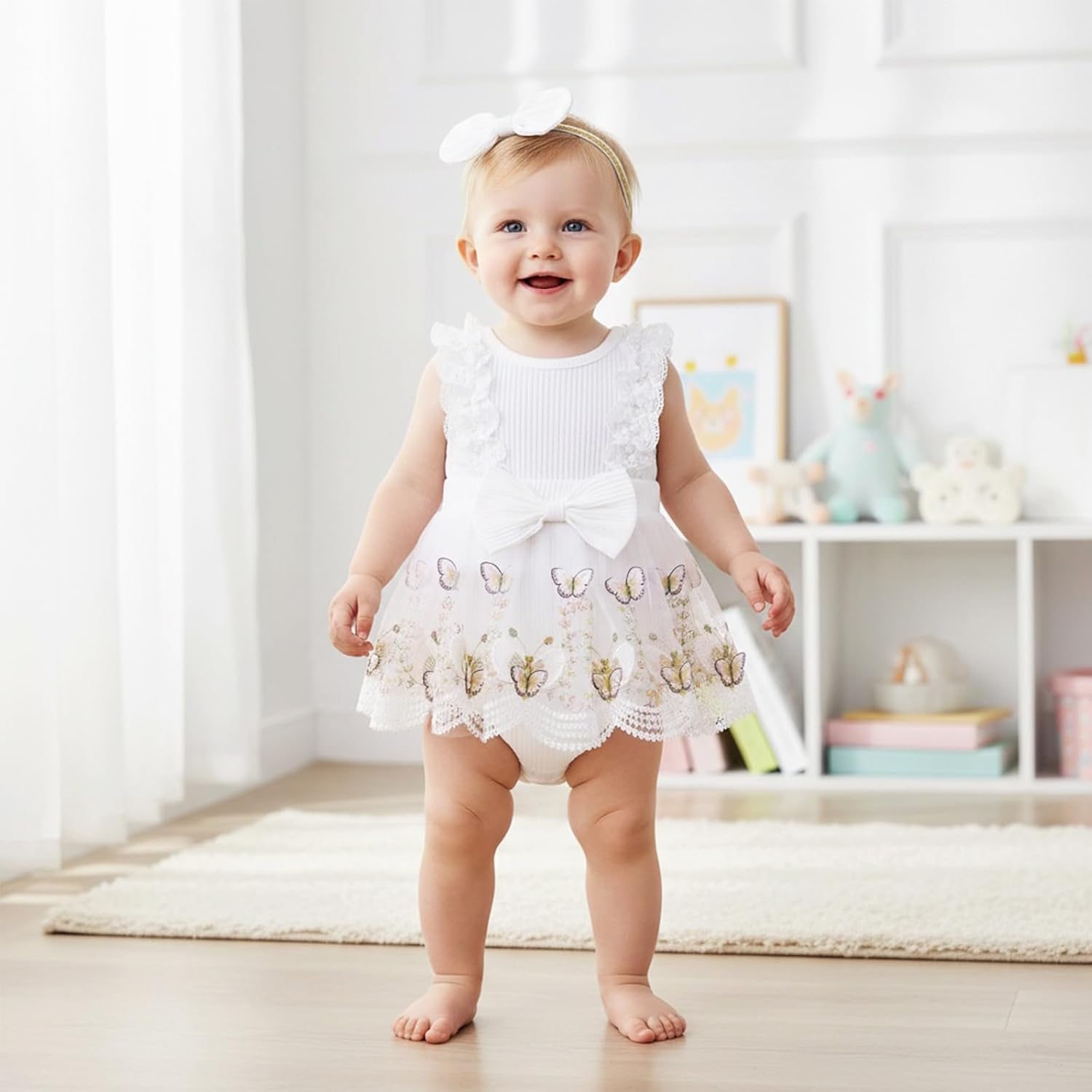 Baby Girl Clothes Infant Summer Outfits Cute Butterflies Mesh Ruffle Sleeveless Romper Headband Set 0-12 Months - Image 2