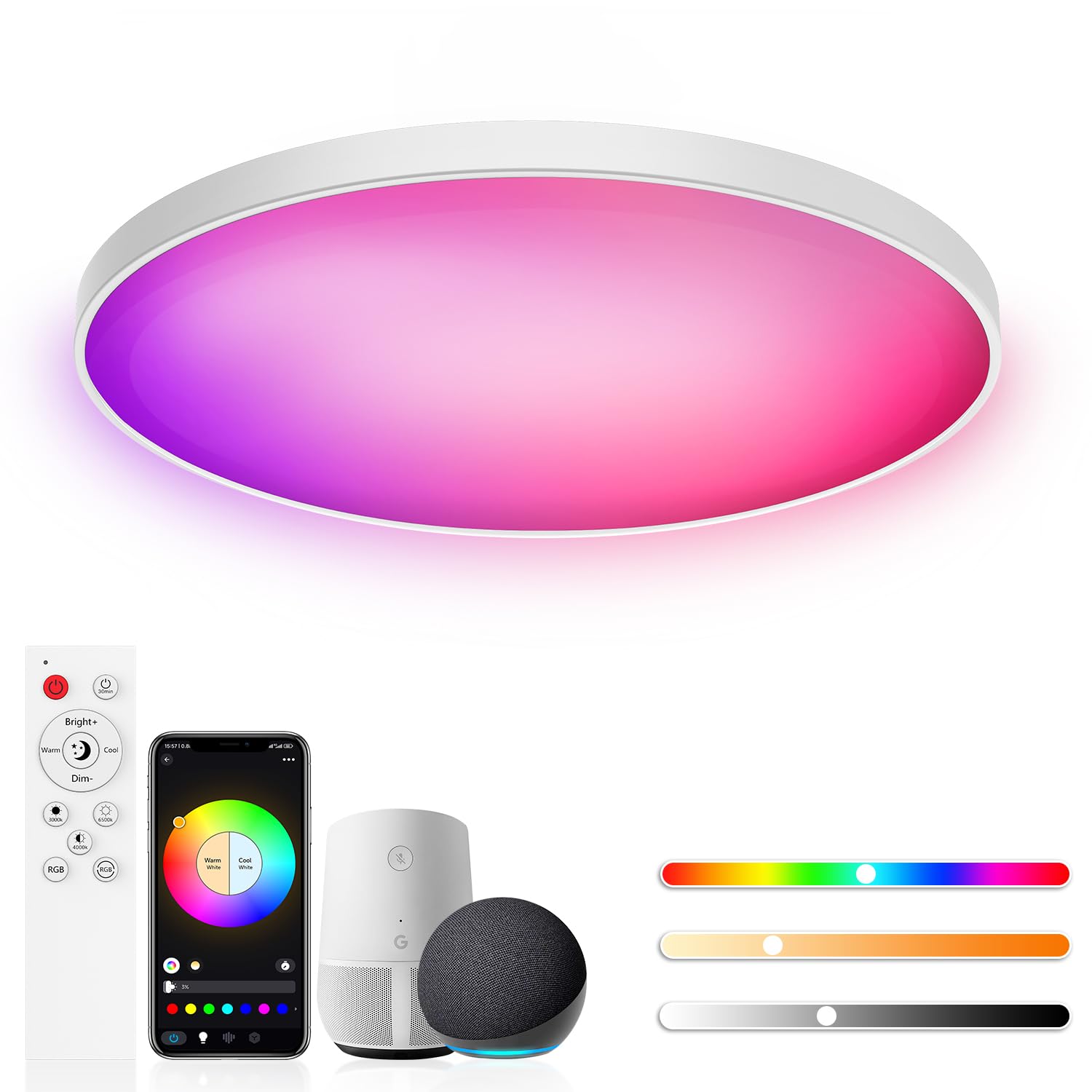 Birnetek® 30W LED Ceiling Light, Round RGB Chandelier 2700K-6500K, Dimmable, Compatible with Alexa, APP Control, Remote Control, for Bedrooms, Living Rooms, Kitchen