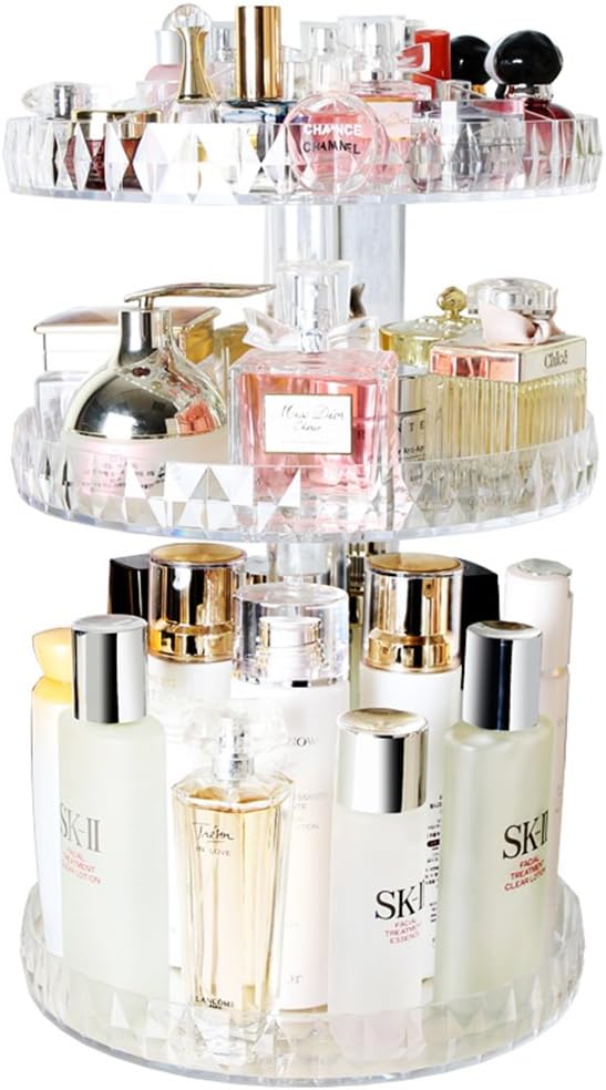 Diamond Pattern Three Layers Perfume Organizer, 360 Rotating Diamond Cosmetic Storage Box Transparent Acrylic Swivel Shelf Desktop Skin Care Product Dresser Finishing, Plus Size Diamond Pattern Three Layers Perfume Organizer, 360 Rotating Diamond Cosmetic Storage Box Transparent Acrylic Swivel Shelf Desktop Skin Care Product Dresser Finishing, Plus Size
