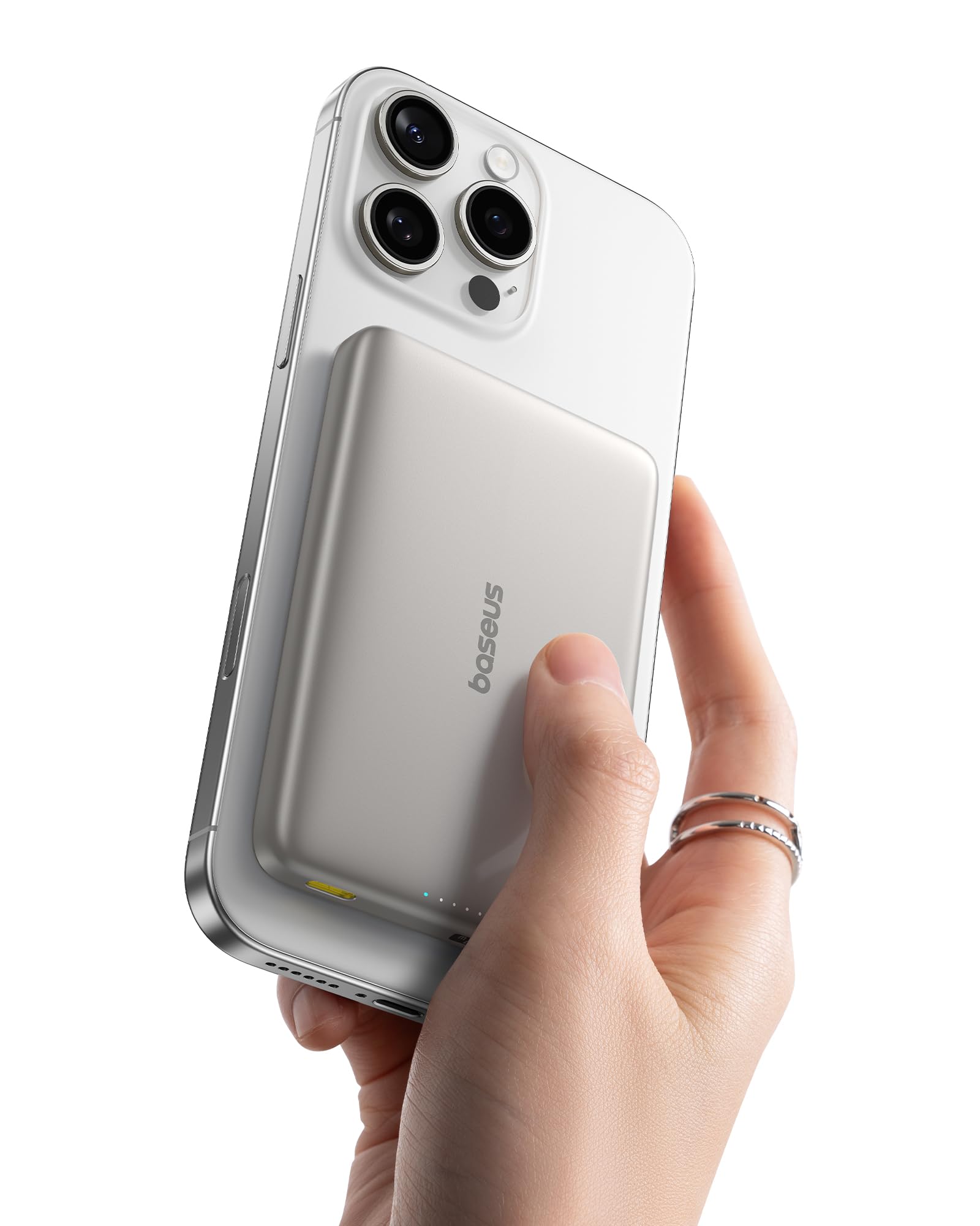 Baseus Picogo AM41 Power Bank, Ultra Slim 10000mAh Qi2 Magsafe Powerbank 15W Wireless, Ricarica Rapida PD 27W, Magnetico Batteria Esterna con cavo USB C per iPhone 17/16/15/14/13/12, Titanio