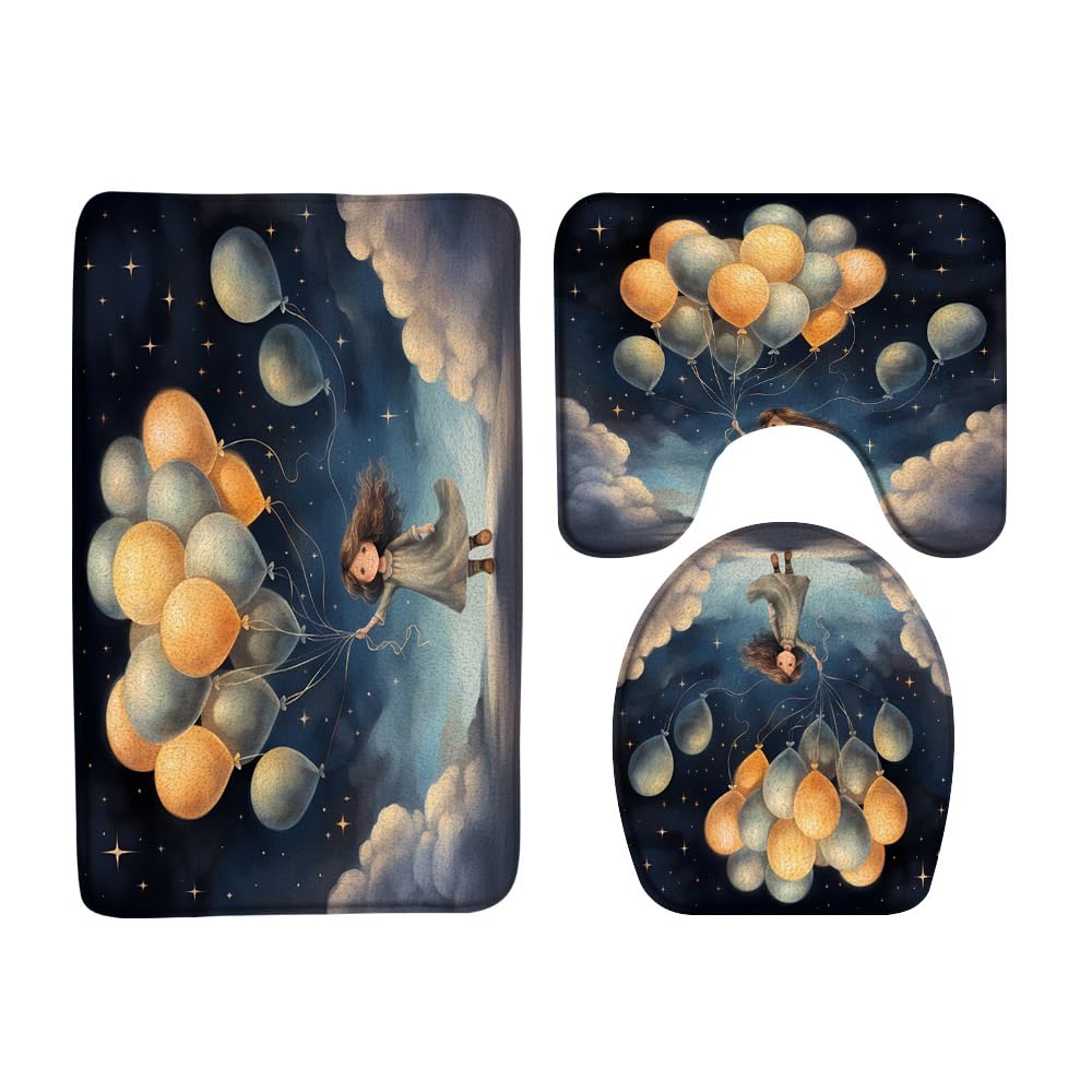 3PCS Balloon Bath Mat Set Little Girl Holding a bunch of Balloons White Cloud Starry Sky Watercolor Bathroom Kitchen Floor Mat Doormat,Toilet Lid Cover and Bath Mat Microfiber Home Decoration Rug