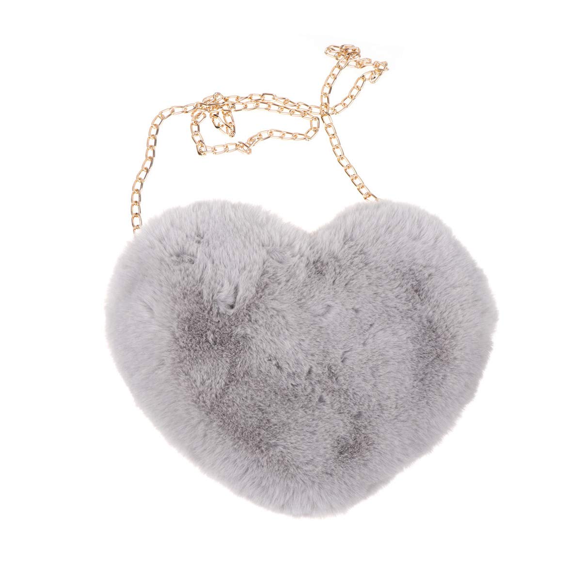 Cellphone Purse Plush Heart Shaped Crossbody Bag with Chain Cute Fluffy Shoulder Bag for Women Ladies - Light Grey