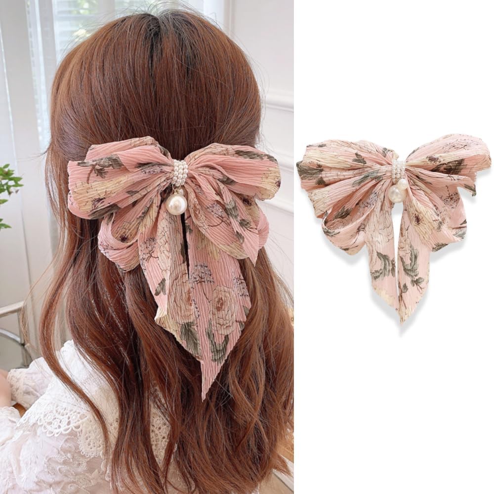 PLUCKET® 1Pc Floral Printed Pearl Tail Barrette French Bow Clips for women, girls Back Clip Fabric Bow Clip, Wedding Party Elegant Hair Decorations (Pink) (B0CYXH4BHJ) Amazon Price History, Amazon Price Tracker