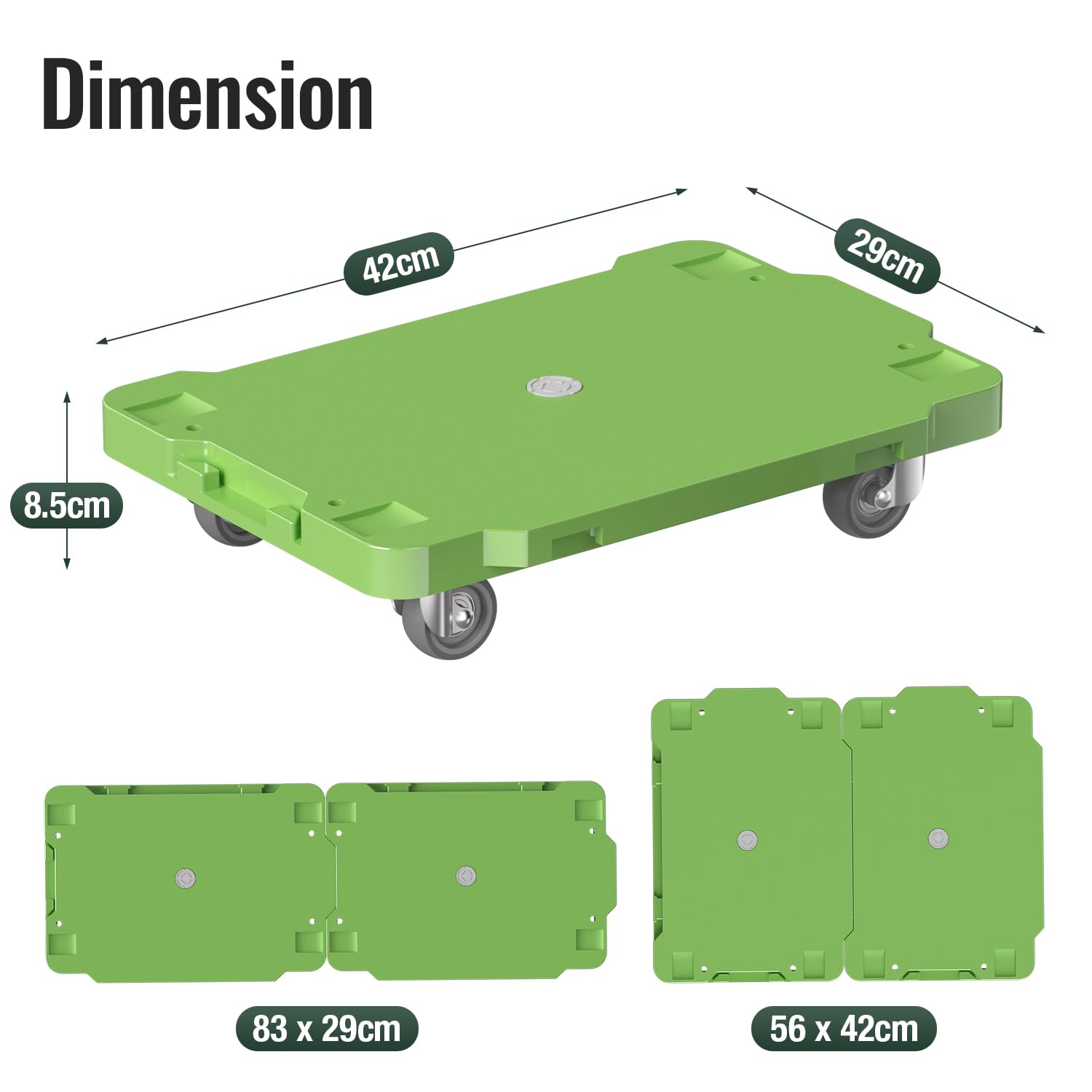 Chariot à roulettes Plat 42 x 29 cm, Design splicable, capacité 227 kg, roulettes pivotantes 5 cm pour Tous sols, idéal pour Maison, Bureau, Garage avec 2 Sangles élastiques (Lot de 2, Vert)
