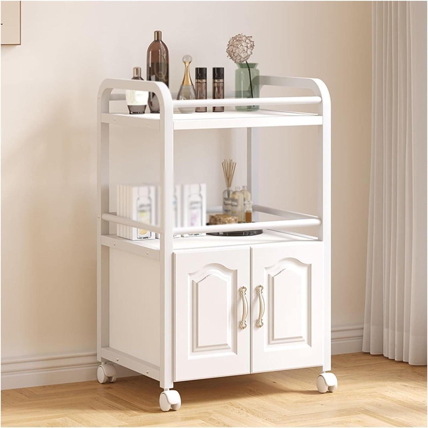 SSDDLZEQ Mobile Salon Station, Salon Trolley Steel Frame Salon Cart With Guardrail And Cabinet Salon Rolling Cart Load 40kg Trolley Cart Salon Trolley Cart(White)