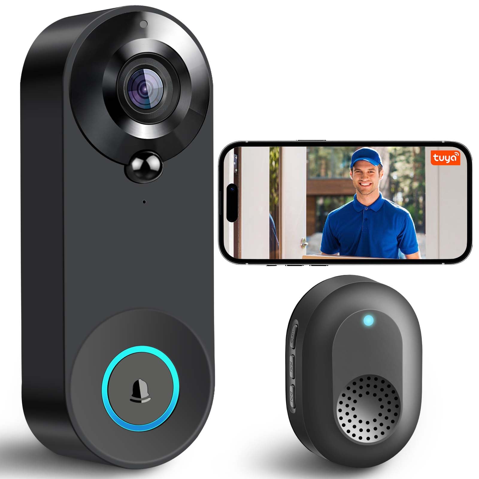 BUXFMHT Timbre con Video Inalambrico, Video Timbre Inteligente con Audio Bidireccional y Vision Nocturna, Timbre Inalambrico Exterior con Camara Gran Angular para Departamentos y Oficinas