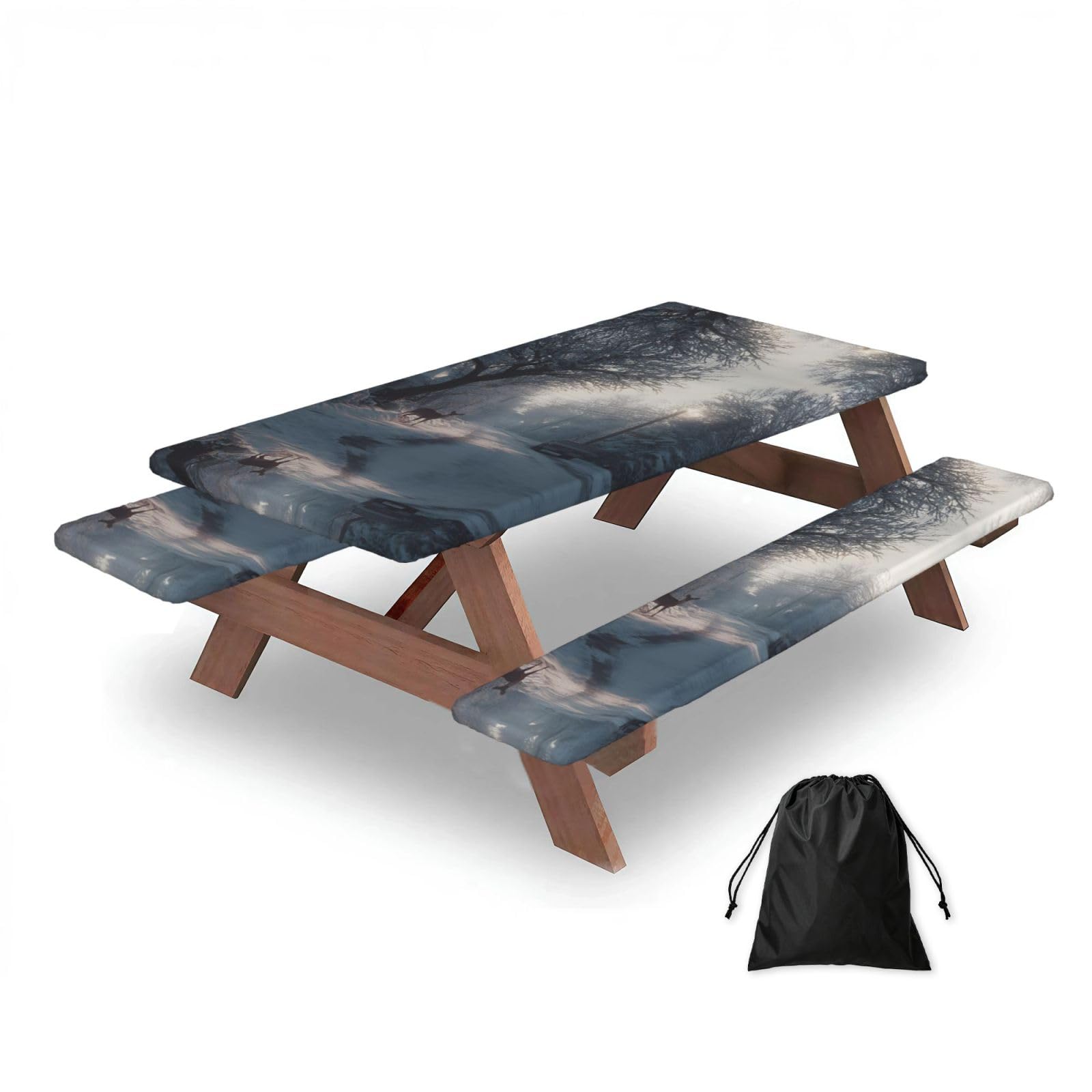 ESNAIUVCD Winter Print Picnic Table Cover With Bench Covers,Camping Essentials,Fitted Tablecloth Cover With Elastic Edge, For Indoor & Outdoor 3 Pcs