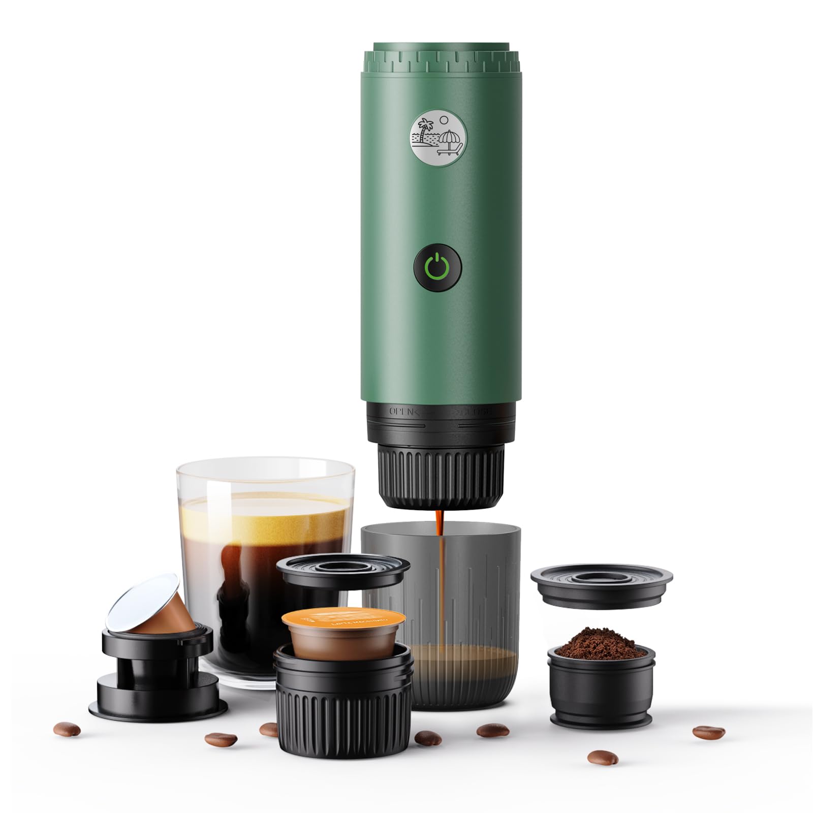 RECAFIMIL Tragbare 3-in-1-Kaffeemaschine, tragbare 19-bar-Espressomaschine mit automatischer Erwärmung, kompatibel mit NS- und DG-Kapseln und gemahlenem Kaffee für Camping, Reisen und Zuhause (Grün)