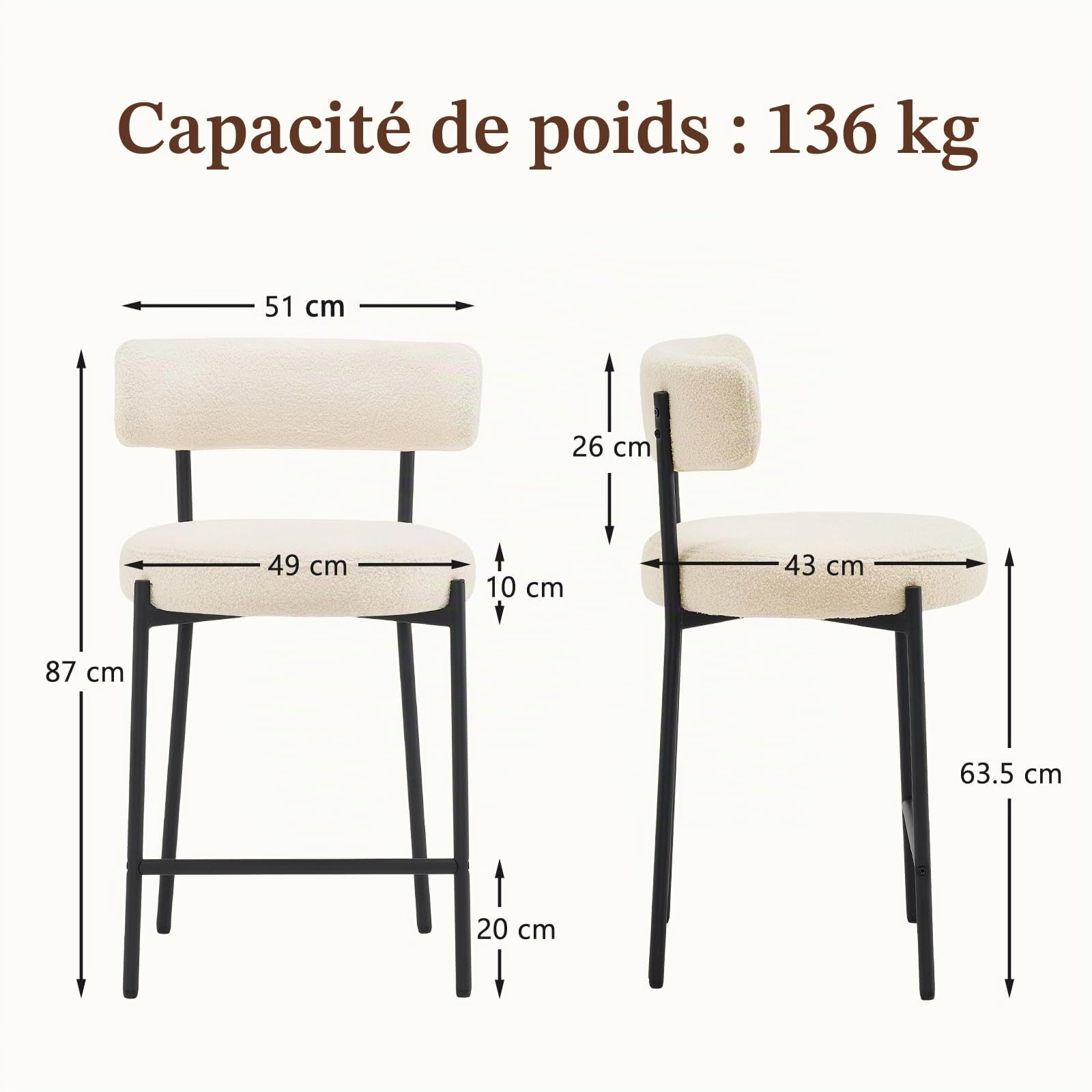 Lot de 4 Tabouret de Bar, Chaise de Bar, Chaise de Cuisine Hauteur 63.5cm, Tabourets Comptoir, Tabouret de Bistrot, Siège Rembourré avec Dossier, Repose-Pieds pour Cuisine, Bar, Blanc