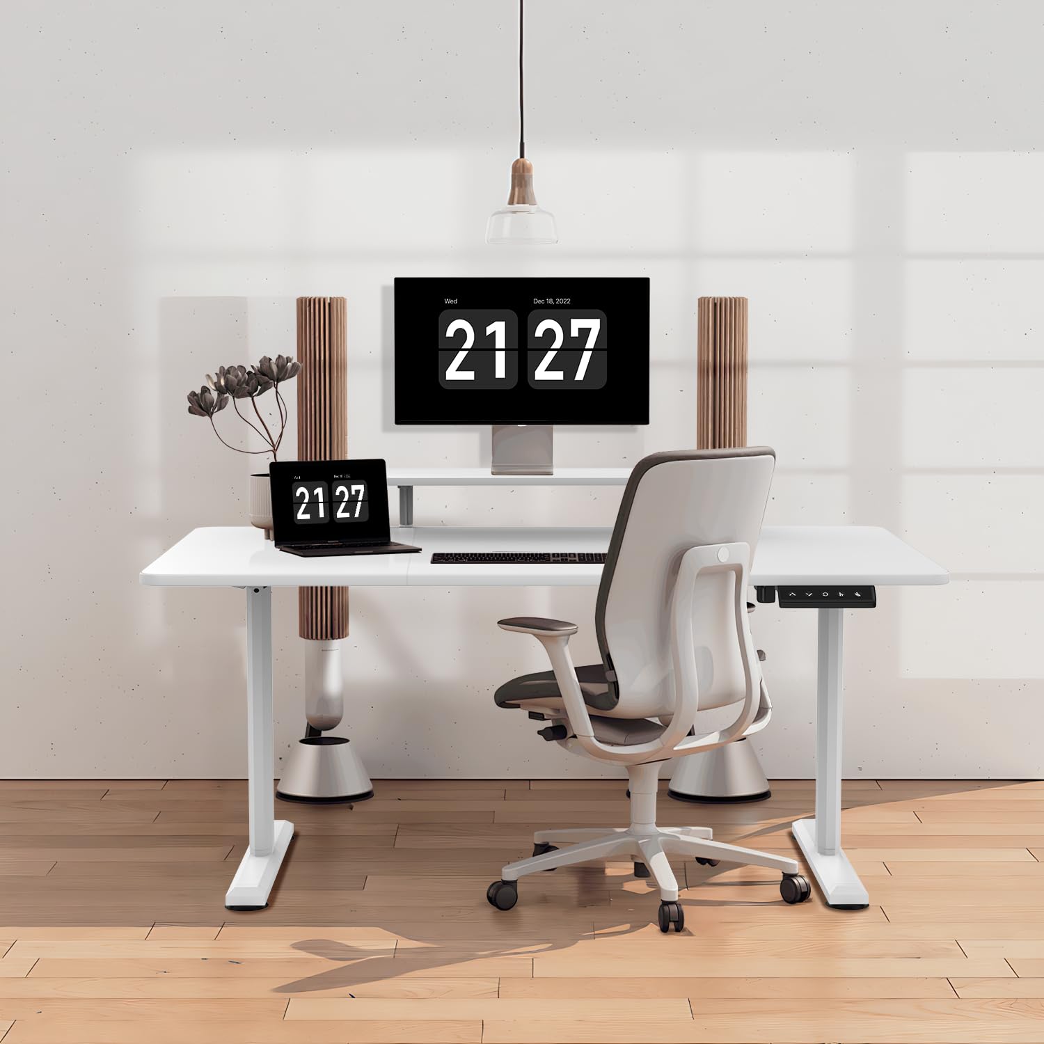 Devoko Scrivania Regolabile in Altezza 140 x 60cm con Supporto per Monitor, Scrivania da Ufficio Regolabile in Altezza, Scrivania Gaming per Computer, per il Telelavoro(140x60cm,Bianco)