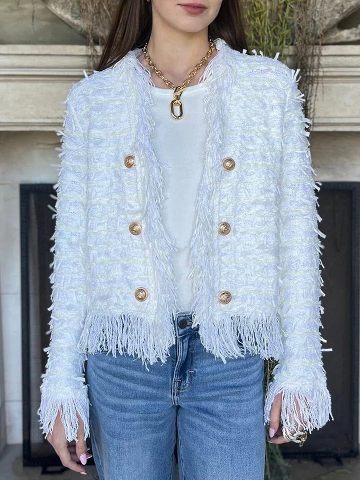 Womens Long Sleeve Open Front Cropped Fringe Trim Jacket Work Office Casual Blazer 2025 Fashion Fuzzy Coat Jacket4